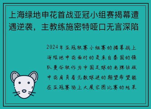 上海绿地申花首战亚冠小组赛揭幕遭遇逆袭，主教练施密特哑口无言深陷困境