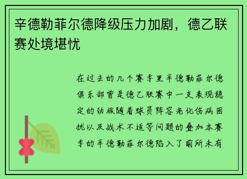 辛德勒菲尔德降级压力加剧，德乙联赛处境堪忧